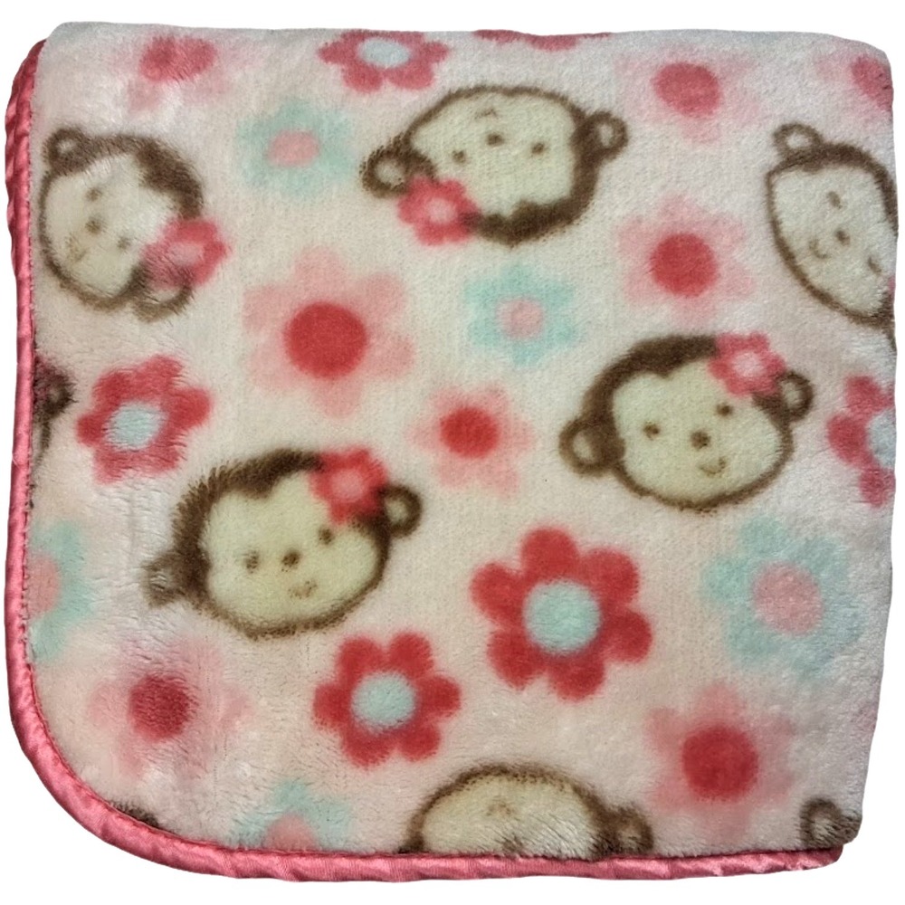 BabyGear Pink Monkey Face Flower Baby Blanket Soft Fleece Blue Thin Satin Gear